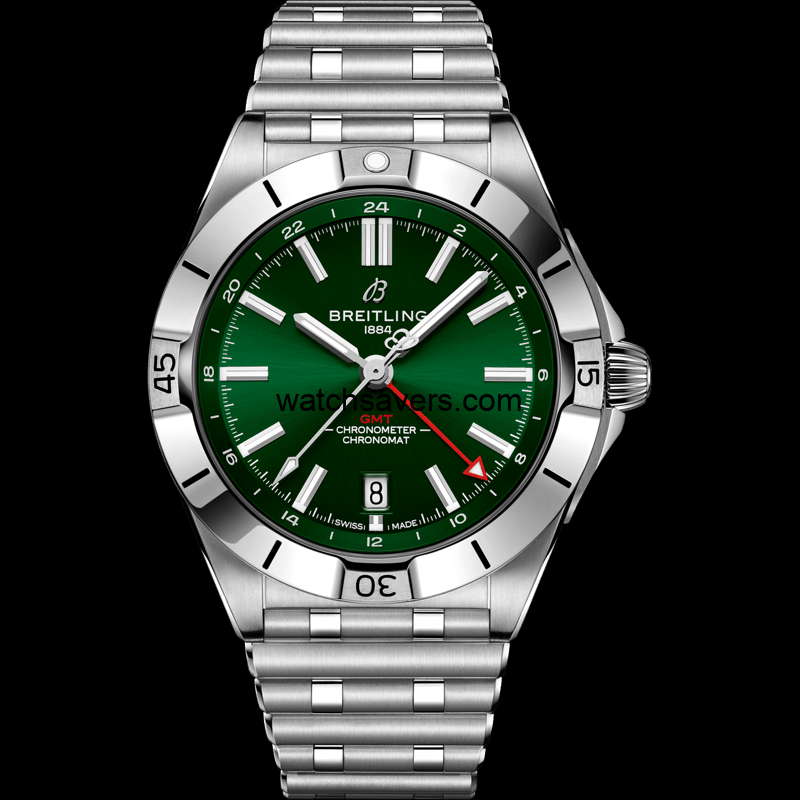 Breitling-A32398101L1 Chronomat 40 GMT Stainless Steel / Green / Rouleaux