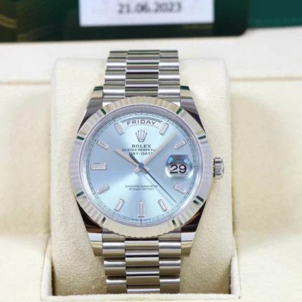 Rolex - 228236-0006 Day-Date 40 Platinum - Fluted / Ice Blue - Baguette