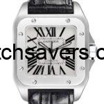 Cartier Santos 100 Silver Dial Black Strap Steel Mens Watch