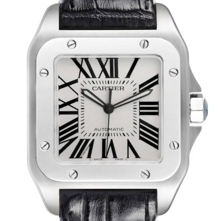 Cartier Santos 100 Silver Dial Black Strap Steel Mens Watch